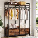 Tribesigns Freestanding Closet Organizer for Hanging Clothes, Heavy Duty Garment Rack with 4 Drawers, 8 Hooks and Storage Shelves, Wardrobe Closet Clothing Rack for Bedroom, Living Room, Rustic Brown Tribesigns