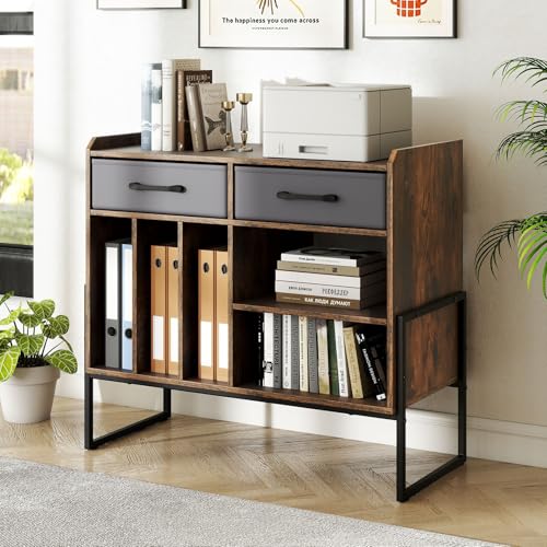 Giantex Large Record Player Stand with Charging Station, Modern Turntable Stand w/2 Fabric Drawers & Adjustable Shelf, Record Player Table, Vinyl Record Storage for Living Room (Rustic Brown) Giantex