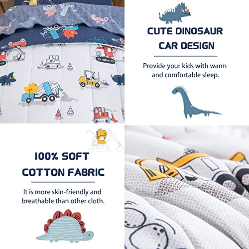 DJY Cotton Twin Bedding Set, Dinosaur Cars Reversible Twin Comforter Set for Kids Boys Girls, 4 Pieces Bed in a Bag Includes Quilted Comforter, Flat Sheet, Fitted Sheet and Pillowcase DJY