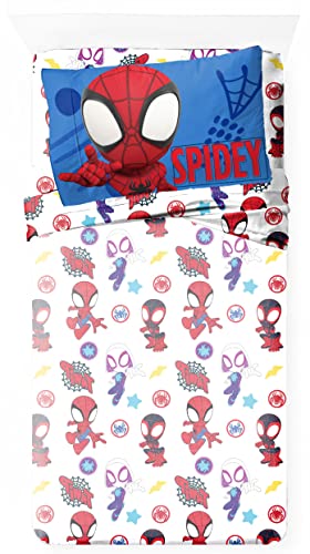 Jay Franco Kids Sheet Set with Fitted, Flat Sheets & Pillow Cover - Ultra-Soft Bedding with Pillowcase for Room Decor, White - Spidey & Friends, 4 Piece Full Jay Franco
