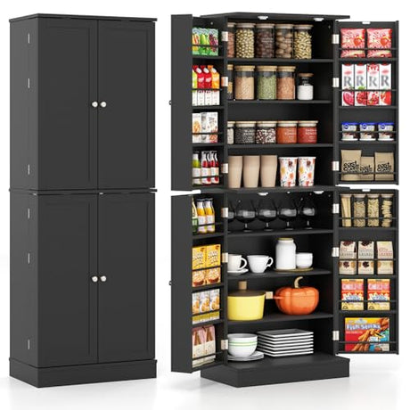 Giantex Kitchen Pantry Cabinet, 65.5" Tall Kitchen Hutch w/8-Tier Storage Cabinet, 16-Tier Door Shelves & Adjustable Shelves, 4-Door Freestanding Buffet Sideboard for Dining Room, Living Room (Black) Giantex