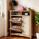 YITAHOME Farmhouse Shoe Cabinet with 2 Flip Drawers, Rattan Shoe Rack w/Adjustable Shelves and Open Storage, Rustic Wood Entryway Organizer for Hallway, Foyer, Porch, Living Room, Light Oak YITAHOME