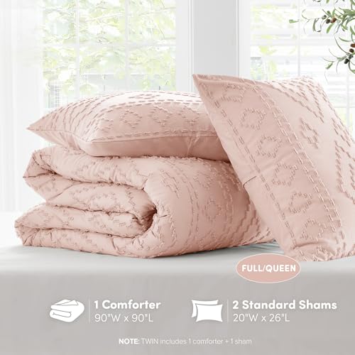 Comfort Spaces Comforter for Queen Size Bed, Geometric Diamond Tufted Boho Comforter Set Queen, All Season Lightweight Bedding Set, Matching Sham, Full/Queen Pink 3 Piece Comfort Spaces