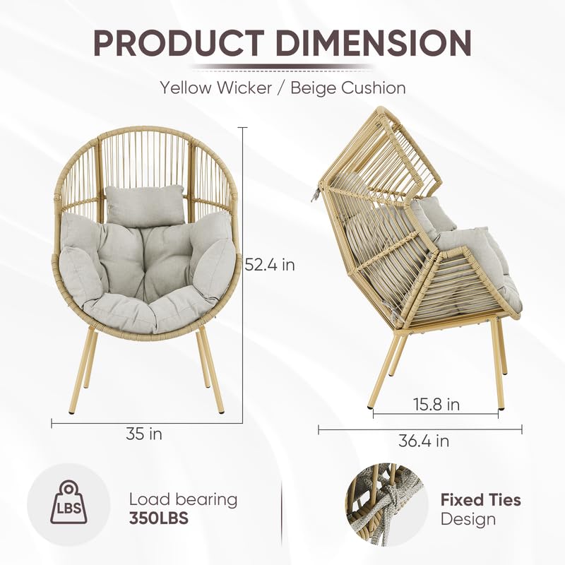 Belord Outdoor Wicker Egg Chair - 300 LBS Weight Capacity Single Patio Egg Lounge Chair with Water Resistant Cushion for Porch Balcony Sunroom, Yellow Wicker Beige Cushion