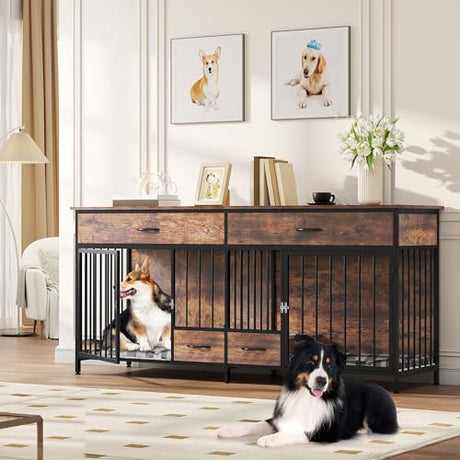 YITAHOME 74.8" Double Dog Crate Furniture with Dog Feeder, Heavy Duty Indoor Dog Kennel TV Stand with Drawers, Sturdy Dog Kennel with Divider for 2 Medium Large Dogs, Brown YITAHOME