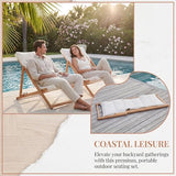 DAYAOUTDOOR Folding Wooden Lounge Chairs Set of 2, Outdoor Adjustable Reclining Patio Beach Chair with Thick Cushion, Portable Deck Lounge Chair for Backyard Lawn Pool Camping Balcony, Beige