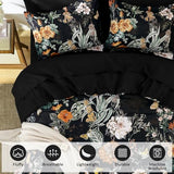 WONGS BEDDING Black Comforter Set Queen, 7 Pieces Bed in a Bag Botanical Floral Comforter Bedding Set, Soft Microfiber Comforter with Flat Sheet, Fitted Sheet, Pillow Shams, Pillowcases WONGS BEDDING