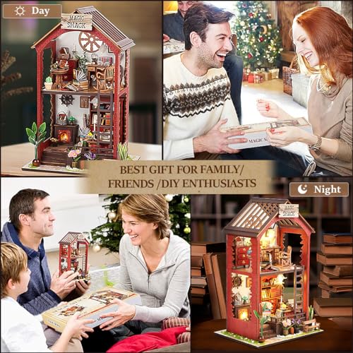 DIY Book Nook Kits Booknook-Creativity 3D Wooden Puzzle Bookend Bookshelf Decor -Booknook Kit for Adults Miniature House Dollhouse Kit with LED Light Crafts for Adult