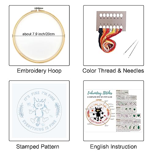 Louise Maelys Cute Cat Embroidery Kits for Beginners with Funny Animal Pattern,Adults Starter Cross Stitch Kit DIY Needlepoint Everything is Fine