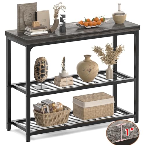 Besiost 32" Small Console Table with 3-Tier Storage, Industrial Narrow Entryway Table, Sofa Table Behind Couch for Hallway, Foyer & Living Room, Sturdy Metal Frame, Oak Grey Besiost