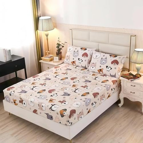 SDY 3PCS Dog Fitted Sheet, Doggy Print Pattern Bedding Sheet Full with Deep Pocket Fitted Sheet & 2 Pillowcases, Soft and Trendy, Kawaii Animals Cartoon Sheet for Boys, Girls and Teens, Full SDY