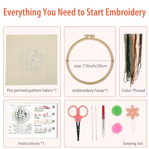 JOINRUN Embroidery Kit for Beginners Adults, Cross Stitch Kits, Includes Embroidery Patterns, Color Threads, Full Range Accessories, Easy to Follow Instruction and Video (Flower)