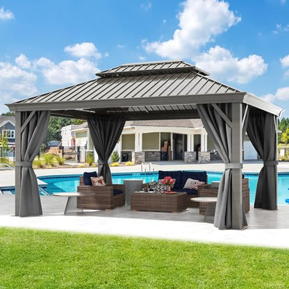 DWVO 12x16ft Hardtop Gazebo Double Roof with Nettings and Curtains, Heavy Duty Galvanized Steel Outdoor Vertical Stripes Roof for Patio, Backyard, Deck, Lawns, Gray - WoodArtSupply