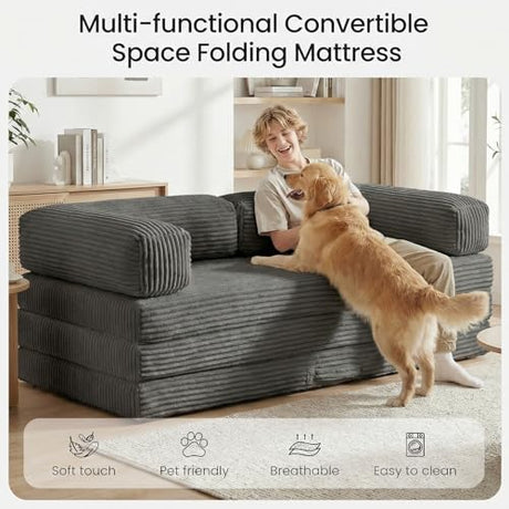 Tri-Folding Mattress Queen Futon Sofa Bed, Convertible Tri Fold Mattress Foldable with Removable Armrests & Washable Cover, 5 Inch Floor Mattress with High-Density Foam, Small Couch Bed, Queen, Grey Erament