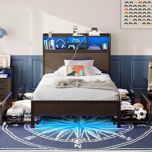 Rolanstar Twin Bed Frame with Storage Headboard & 4 Drawers, Metal Platform Bed with Charging Station, LED Single Bed with Side Shelf, No Box Spring Needed, Easy Assembly, Black Rolanstar