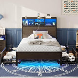Rolanstar Twin Bed Frame with Storage Headboard & 4 Drawers, Metal Platform Bed with Charging Station, LED Single Bed with Side Shelf, No Box Spring Needed, Easy Assembly, Black Rolanstar