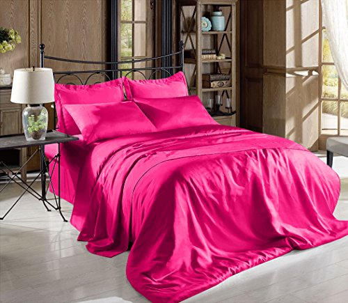 Comfy Deal Hight Thread Count Solid Color Soft Silky Charmeuse Satin Luxury and Super Soft Bed Sheet Set (Hot Pink, Queen) Comfy Deal