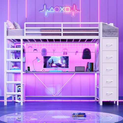Loft Bed with L-Shaped Desk, LED Lights, Charging Station, Metal Loft Bed Frame with 5 Storage Drawers and Hall Tree, Twin Size Bed for Kids with Ladder and Safety Guard, No Box Spring Needed, White MSmask