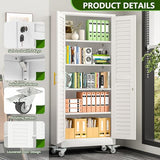 Tokawa 71’’H Metal Garage Storage Cabinet with Wheels, Metal Storage Cabinet with Louvered Doors, Rolling Tool Cabinet with Adjustable Shelves, Large Utility Cabinet for Office,Garage,Kitchen（White） Tokawa