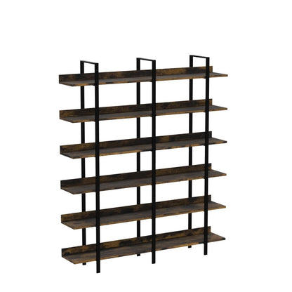 Sengroce 6-Tier Double Wide Industrial Wooden Bookcase with Metal Frame - Rustic Vintage Design for Home Office and Living Room - WoodArtSupply