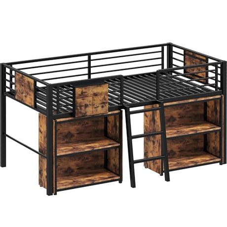 LIKIMIO Low Loft Bed Twin Size, Metal Loft Bed with 2 Storage Cabinets, 25 Heavy Duty Steels Support Slats, Twin Loft Bed with Safety Guardrails and Ladder, Vintage Brown LIKIMIO