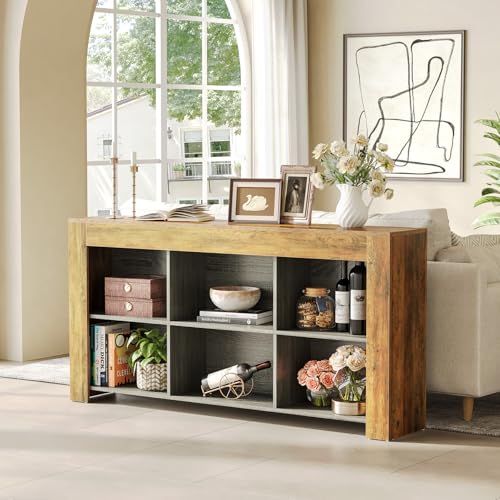 LITTLE TREE Console Table with Storage, 63-Inch Narrow Long Sofa Table, Entryway Table with 6 Cubes, Farmhouse Storage Shelves for Entryway, Living Room LITTLE TREE