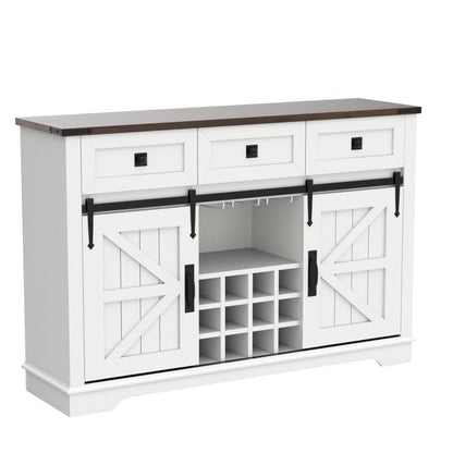 OKD 54" Farmhouse Buffet Cabinet with Storage, Large Kitchen Coffee Bar w/Sliding Barn Door, Wine & Glass Rack, Rustic Wine Bar Sideboard Table w/ 3 Drawers, Storage Shelves, Antique White