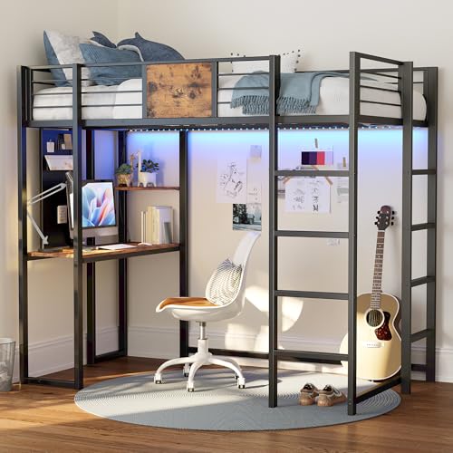 LIKIMIO Black Twin Metal Loft Bed with Integrated Desk, Shelves, and LED Lights for Teens and Adults - WoodArtSupply