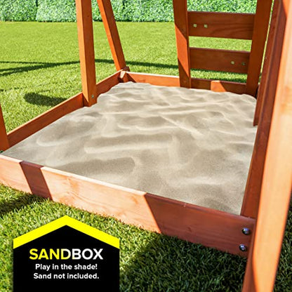 Sportspower Scottsdale Wood Swing Set: 2 Adjustable Swings, Sandbox, Rock Climber, Covered Deck, 1 Slide - Exceeds ASTM Safety Standards - WoodArtSupply