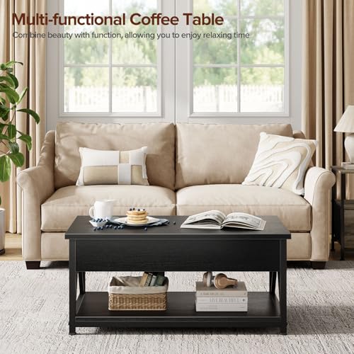 Memobarco Lift Top Coffee Table,Lift Coffee Table with Storage Shelf and Large Hidden Compartment for Living Room,Lifting top Coffee Table for Small Space,Black Memobarco