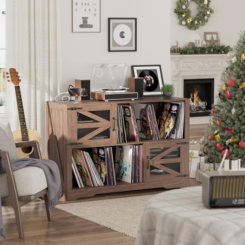 VAXZOFI Large Record Player Stand with Vinyl Storage, 500+ Vinyl Record Storage Cabinet, 47 Inch Record Player Table with Power Outlet, Farmhouse Wooden Turntable Stand for Living Room, Walnut VAXZOFI