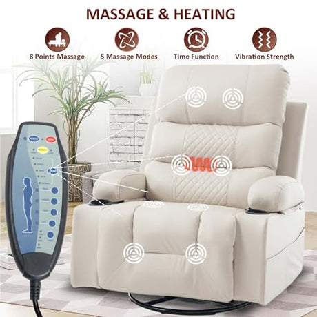 KCQ Rocker Recliner Chair with Heat and Massage, Oversized Manual Recliner Chair with Cup Holder, Faux Leather Swivel Rocking Recliner Glider Chair for Nursery, Beige KCQ