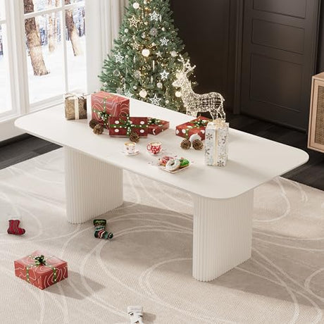 RGZ 71" Modern Cream White Oval Kitchen Table, Dining Table for 4-6 People, Easy to Assemble Accent Oval Dinner Room Table with White Ripple Legs for Home, Apartment, Dining Room, Kitchen RGZ