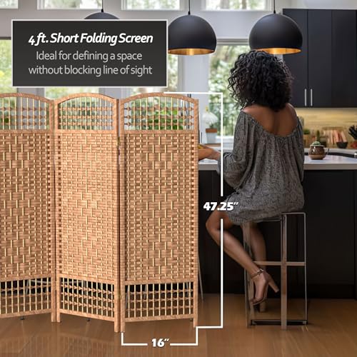 4 ft. Short Fiber Weave Folding Screen - Natural - 3 Panels Red Lantern