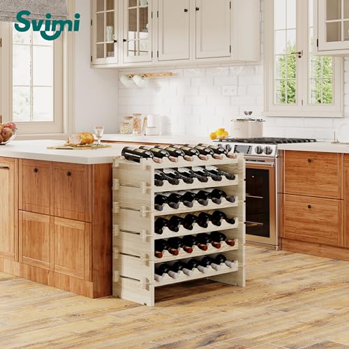 Modular Real Wood Wine Storage Racks - Stackable Free Standing Floor Wooden Wine Rack, Premium Wine Storage Rack Elegant Display and Organizing for Kitchen and Cellar 6 Tier 36 Bottles Svimi