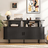 55" Large Round Record Player Stand with Charging Station, Vinyl Record Storage Cabinet, Mid Century Modern Turntable Stand with Open Shelves Holder for Bedroom Living Room, Sliding Doors (Black) ONBRILL