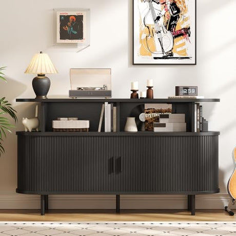 55" Large Round Record Player Stand with Charging Station, Vinyl Record Storage Cabinet, Mid Century Modern Turntable Stand with Open Shelves Holder for Bedroom Living Room, Sliding Doors (Black) ONBRILL