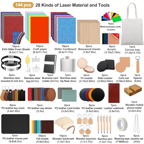 Vercleuim 134pcs Laser Engraving Blanks Kit, 28 Types Laser Engraving Supplies & Engraver Accessories with Basswood, PU Leather, Metal, Acrylic, Fabric for Laser Cutter Engraver vercleuim