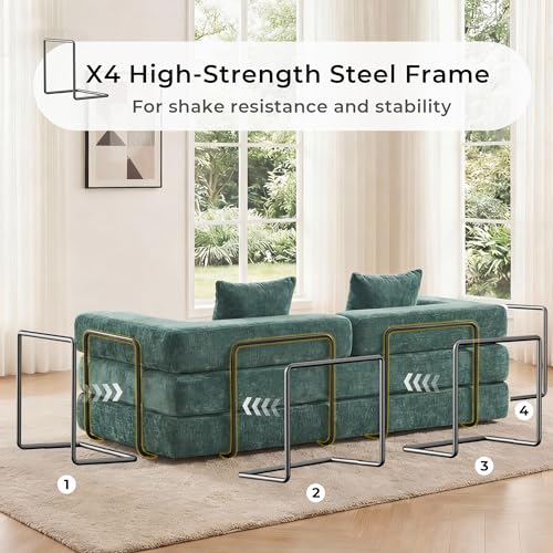 WELAX 77" Convertible Sleeper Sofa Bed, Boneless Cloud Queen Futon Couches with 2 Pillows & Removable Armrests, Chenille Folding Floor Couch No Assembly for Bedroom, Living Room, Green WELAX