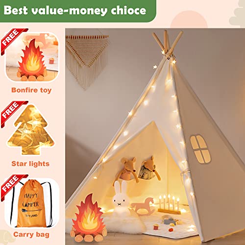 Tiny Land Kids-Teepee-Tent with Lights & Campfire Toy & Carry Case, Natural Cotton Canvas Toddler Tent - Washable Foldable Teepee Tent for Kids Tiny Land