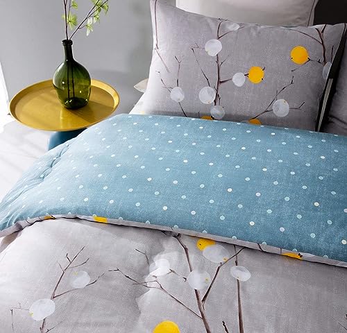 SLEEPBELLA Comforter Twin Size, 600 Thread Count Cotton Grey Branch with Yellow Turquoise Polka Dot Pattern Green Reversible Comforter Set,Down Alternative Bedding Set 2Pcs (Twin, Grey Branch) SLEEPBELLA