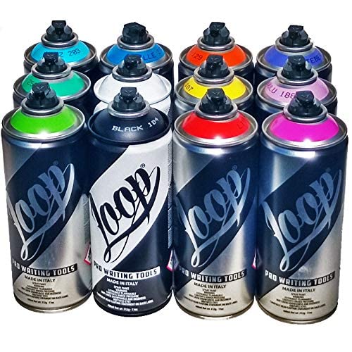 Loop Aerosol Art Spray Paint Set of 12 400ml Cans - Popular Colors Loop 400ml Spray Paint