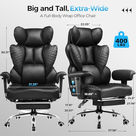 COMHOMA Big and Tall Office Chair 400LBS Wide Ergonomic Gaming Chair with Deluxe Embossing Designed Leather with Foot Rest,150°Reclining Adjustable Armrests Pocket Spring Back Support and Pillow COMHOMA