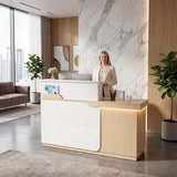 Kikihouse Modern Reception Desk with LED, 63” Fluted Front Desk with Lockable Drawer, Cabinet and Sliding Tray, Large Reception Counter Table for Office Lobby Nail Salon Clinic (Maple) Kikihouse