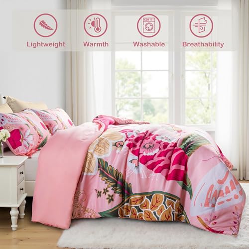 Tyrot Pink Boho Floral King Comforter Set - 3 Piece Farmhouse Botanical Bedding Comforter Sets for All Season Soft Lightweight Mid Century Modern Bed Set, (1 Reversible Comforter and 2 Pillow Shams Tyrot