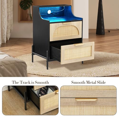 Rattan Nightstand, Modern Bedside Table with Led Lights and 2 Drawers, Black Nightstand with Charging Station, Wooden Bedside Table, Suitable for Bedrooms and Small Spaces, Black IDEALHOUSE
