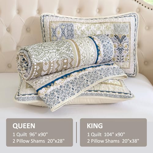 WONGS BEDDING Boho Quilt Set Queen, 3 Pieces Beige Patchwork Bedspread Coverlet Set,Soft Lightweight Microfiber Bohemian Floral Pattern Bedding Set for All Season (96"X90") WONGS BEDDING