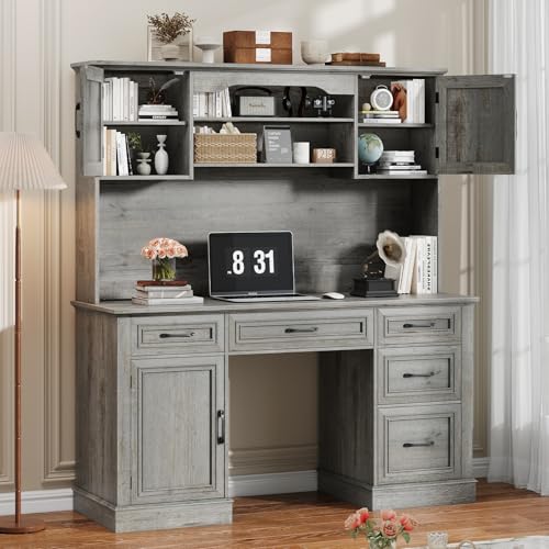 67" H Farmhouse Executive Desk with Hutch. Wood Workstation with 5 Drawers, Storage Cabinet, File Drawers and Charging Station, Ideal as Office Desks, Computer Desk for Home Office and Study.Gray Halitaa