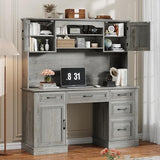 67" H Farmhouse Executive Desk with Hutch. Wood Workstation with 5 Drawers, Storage Cabinet, File Drawers and Charging Station, Ideal as Office Desks, Computer Desk for Home Office and Study.Gray Halitaa
