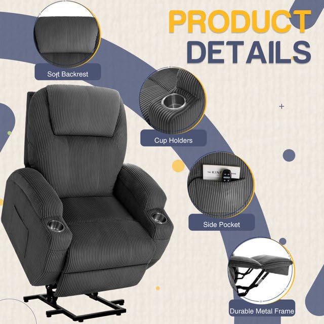 Electric Power Lift Recliner Chair with Massage for Elderly Corduroy Fabric Recliner Single Sofa with Cup Holders, Side Pockets and Remote Control for Living Room Bedroom (Gray) Furmax